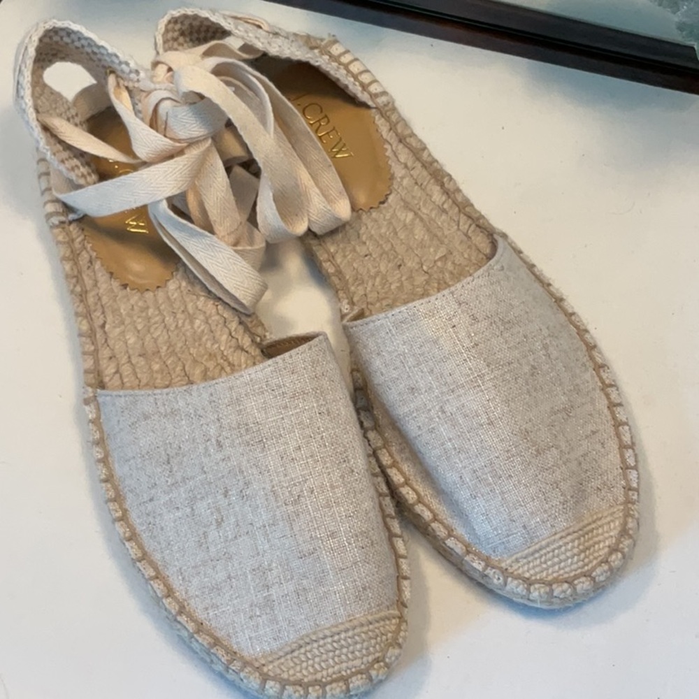 J. Crew Cream Linen Espadrille Lace-Up Flats